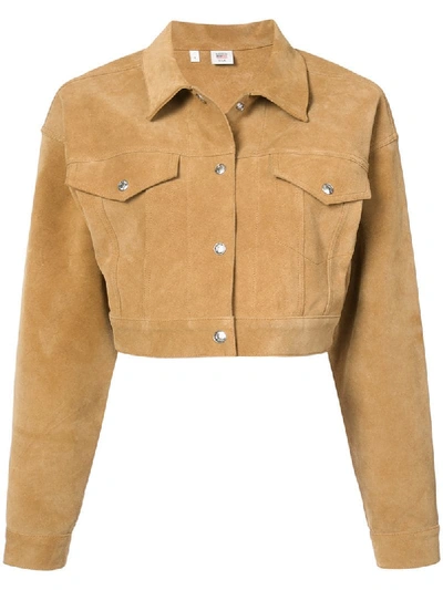 Re/done Cropped Snap-front Fringe Suede Jacket In Cognac