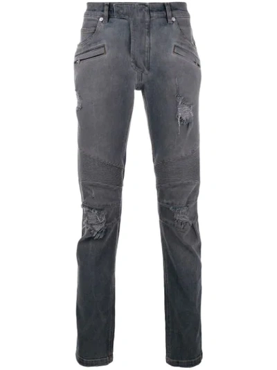 Balmain Black Waxed Biker Jeans In Grey