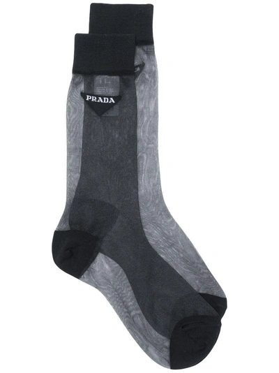 Prada Sheer Logo Socks In Nero ModeSens