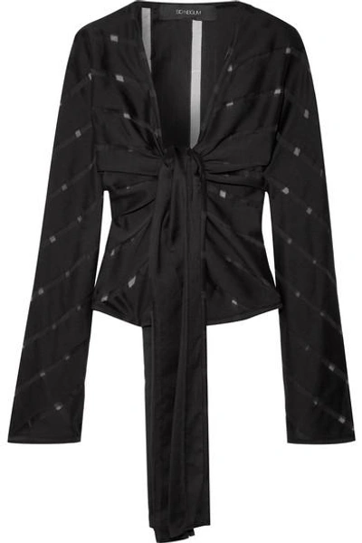 Sid Neigum Striped Slub Wool And Silk-blend Wrap Top In Black
