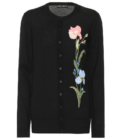Dolce & Gabbana Button-front Crewneck Wool Cardigan W/ Floral Applique In Black