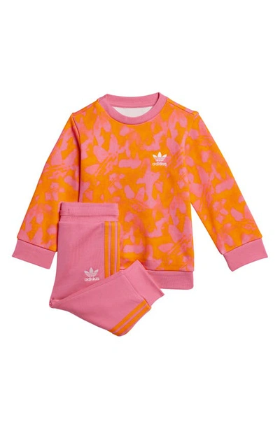 Adidas Originals Babies' Lifestyle Crewneck Sweatshirt & Joggers Set In Bright Orange/ Pink Fusion