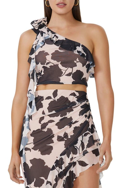 Afrm Kellon Ruffle One-shoulder Crop Top In Shadow Floral