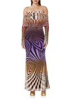 Afrm Thelma Off The Shoulder Long Sleeve Maxi Dress In Linear Abstract