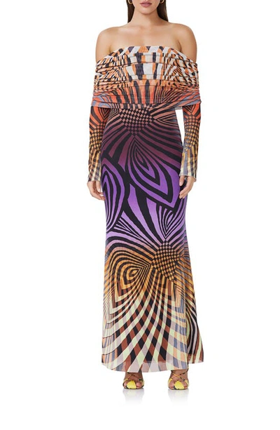 Afrm Thelma Off The Shoulder Long Sleeve Maxi Dress In Linear Abstract