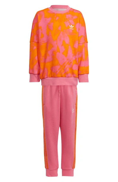 Adidas Originals Kids' Summer Print Crewneck Sweatshirt & Joggers Set In Bright Orange/ Pink Fusion