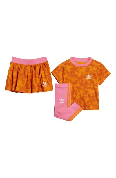 Adidas Originals Kids' Summer Print T-shirt, Skirt & Leggings Set In Bright Orange/ Pink Fusion