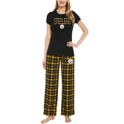 Concepts Sport Women's  Black, Gold Pittsburgh Steelers Arcticâ T-shirt And Flannel Pants Sleep Set In Black,gold