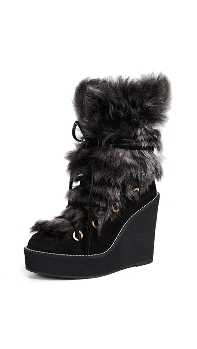 Stuart Weitzman Nikita Mid-calf Fur Wedge Boots In Black Helsinki