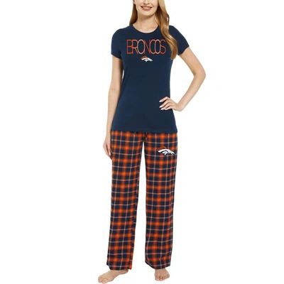 Concepts Sport Women's  Navy, Orange Denver Broncos Arctic T-shirt And Flannel Pants Sleep Set In Navy,orange