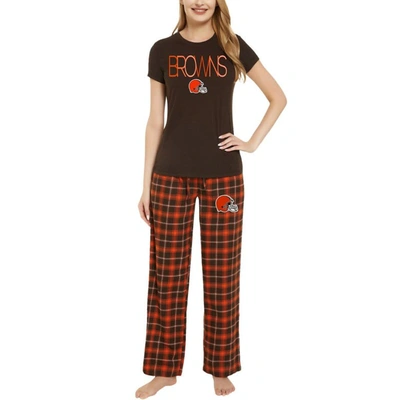 Concepts Sport Women's  Brown, Orange Cleveland Browns Arcticâ T-shirt And Flannel Pants Sleep Set In Brown,orange