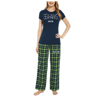 Concepts Sport Women's  Navy, Neon Green Seattle Seahawks Arcticâ T-shirt And Flannel Pants Sleep Set In Navy,neon Green