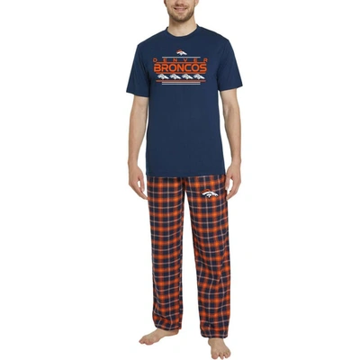 Concepts Sport Men's  Navy, Orange Denver Broncos Arcticâ T-shirt And Flannel Pants Sleep Set In Navy,orange
