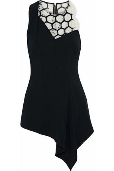Roland Mouret Asymmetric Embroidered Corded Lace-paneled Cady Top In Black