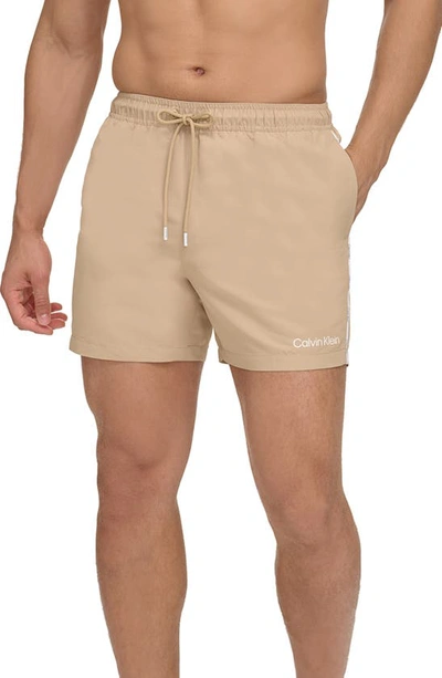 Calvin Klein Modern Euro Logo Piping Swim Trunks In Khaki