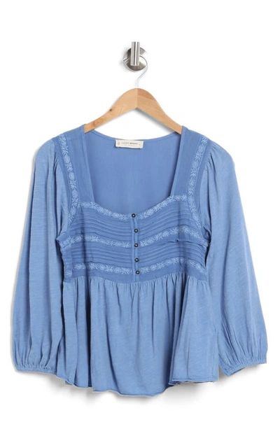 Lucky Brand Embroidered Yoke Long Sleeve Blouse In Cornflower Blue