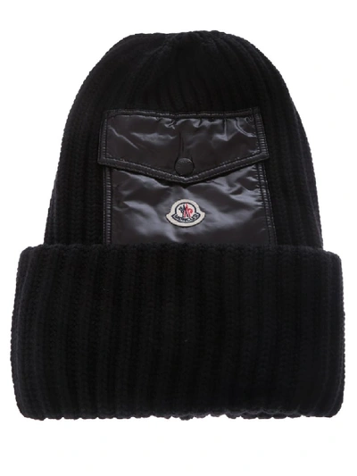 Moncler Men's Ribbed Beanie Hat W/ Flap Pocket In Black