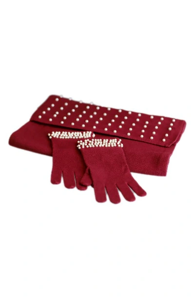 La Fiorentina Imitation Pearl Scarf & Gloves Set In Red