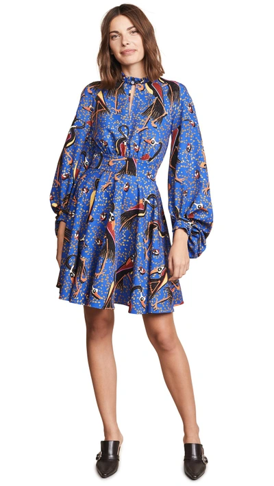 Stella Jean Crane Balloon Sleeve Dress In Blue Multi