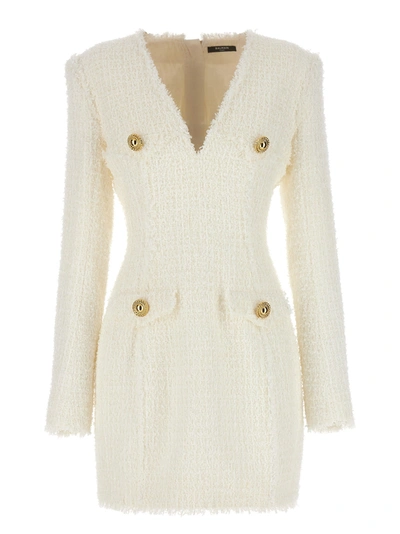 Balmain Logo Button Tweed Dress Dresses In White