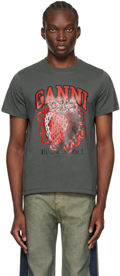Ganni Gray Relaxed Strawberry T-shirt In Grey