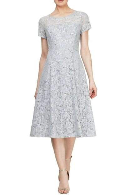 Slny Cap Sleeve Tea Length Sequin Lace Dress In Silver