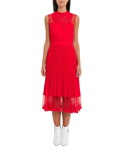 Three Floor Lace Pleated Midi Dress In Rosso