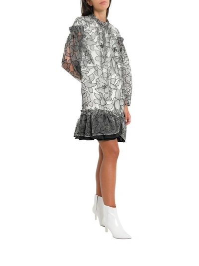 Three Floor Short Dress With Floral Embroideries In Bianco/nero