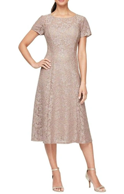 Slny Cap Sleeve Tea Length Sequin Lace Dress In Taupe In Grey