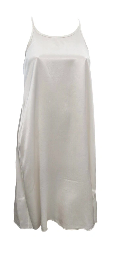 Pj Harlow Ruby Satin Knee Length Gown With Spaghetti Straps & Gathered Back In Pearl In Beige