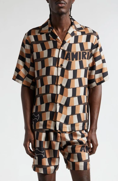 Amiri Snake Checkerboard Silk Camp Shirt In Brown