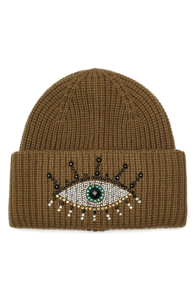 Kurt Geiger Beaded Evil Eye Beanie In Khaki