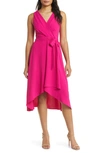 Connected Apparel Tie Belt Faux Wrap High-low Dress In Bright Fuchsia