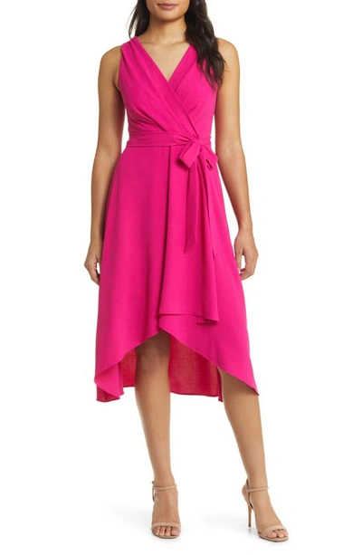 Connected Apparel Tie Belt Faux Wrap High-low Dress In Bright Fuchsia
