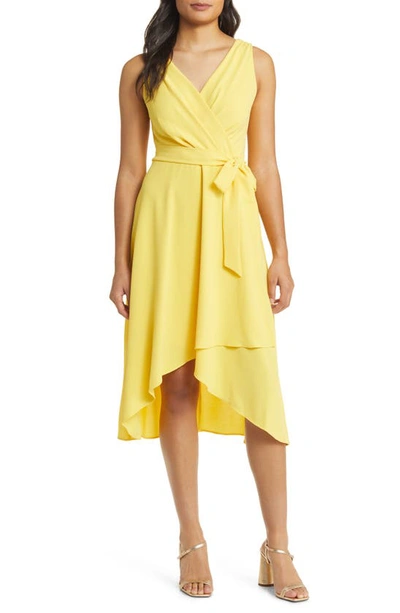 Connected Apparel Tie Belt Faux Wrap High-low Dress In Yellow