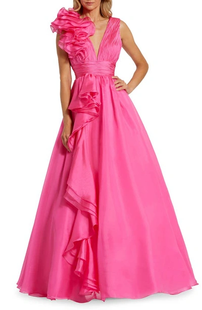 Mac Duggal Ruffle Detail Ruched Chiffon Ballgown In Hot Pink