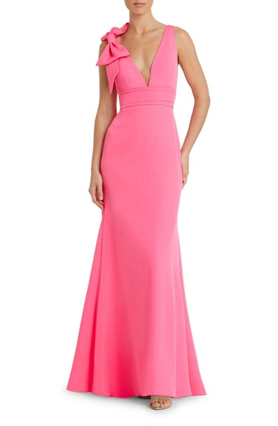 Mac Duggal Bow Shoulder V-neck Gown In Candy Pink