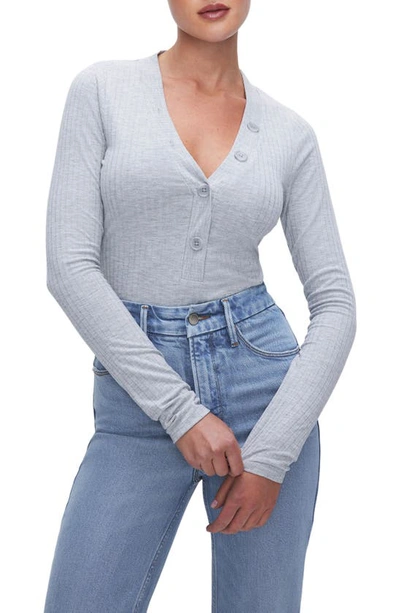 Good American Ribbed Long Sleeve Henley Bodysuit In Heather Grey001