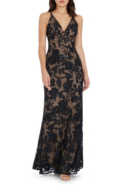 Dress The Population Sharon Floral Sequin Sleeveless Mermaid Gown In Black