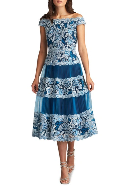 Tadashi Shoji Embroidered Floral Lace Pleated Off The Shoulder Dress In Pacific Blue