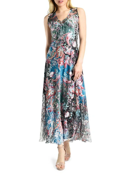 Komarov Lace-up Back Charmeuse Dress In Peacock Paisley
