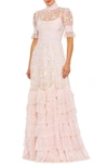 Mac Duggal Floral Embroidered Tiered Ruffle Gown In Rose Pink