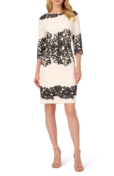 Adrianna Papell Scroll Lace Sheath Dress In Ivory/ Black