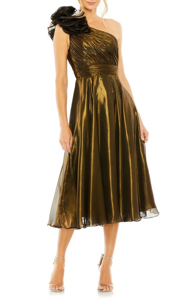 Ieena For Mac Duggal Rosette One-shoulder Iridescent A-line Dress In Antique Gold