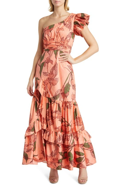 Hutch Pria Floral One-shoulder Stretch Cotton Cocktail Dress In Peach Delicate Outline Floral
