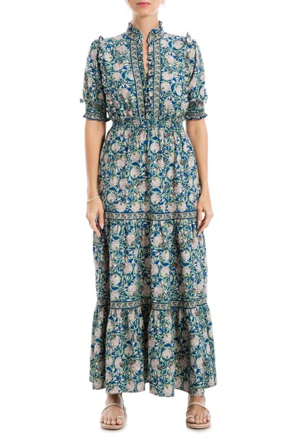 Max Studio Floral Short Sleeve Tiered Maxi Dress In Blue