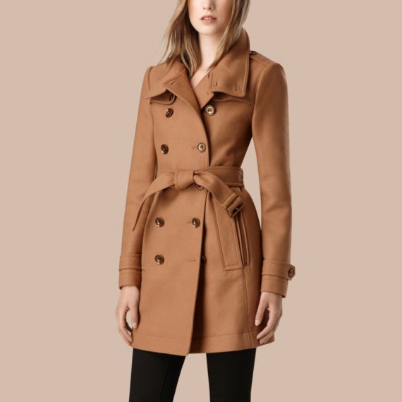 Burberry Short Double Wool Twill Trench Coat In Camel | ModeSens
