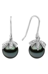 House Of Frosted 14k Gold 8-9mm Cultured Pearl & Diamond Earrings In Silver/ Green
