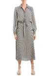 Max Studio Long Sleeve Pleated Shirtdress In Black/ Ivory