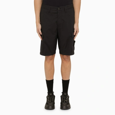 Stone Island Navy Blue Cotton Bermuda Shorts With Logo In Black